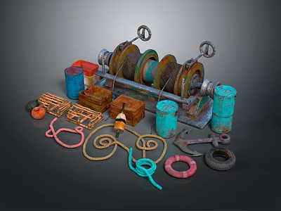 Vintage Water Vessels Equipment Featuring Pulleys Ropes Anchors Chains And Barrels 3d model
