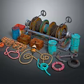 Vintage Water Vessels Equipment Featuring Pulleys Ropes Anchors Chains And Barrels