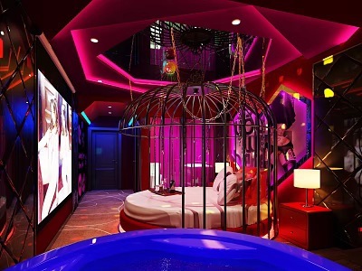 Hotel Room Interior With Purple Lighting Cage Shaped Bed Blue Bathtub And Large Screen 3d model