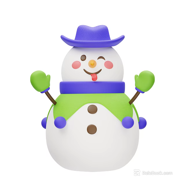 Cute Snowman With Purple Hat Green Gloves Blue Scarf Red Cheeks And Brown Buttons 3d model 