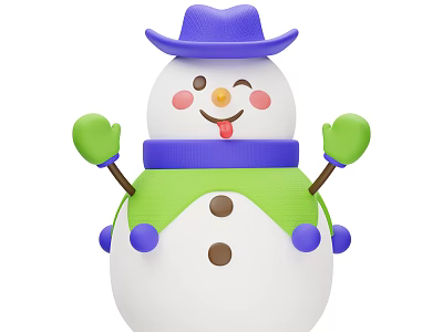 Cute Snowman With Purple Hat Green Gloves Blue Scarf Red Cheeks And Brown Buttons 3d model