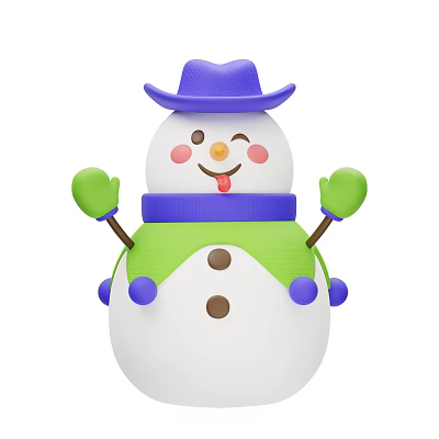 Cute Snowman With Purple Hat Green Gloves Blue Scarf Red Cheeks And Brown Buttons 3d model