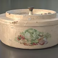 Cream Colored Cooking Pot With Lid Double Handles And Hand Painted Vegetable Design