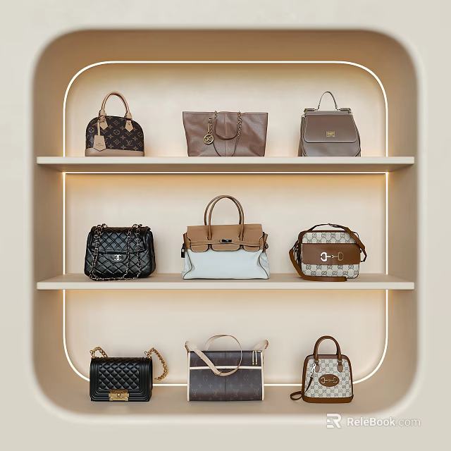 Stylish Handbags Display On Shelves With Warm Lighting And Various Designs 3d model 