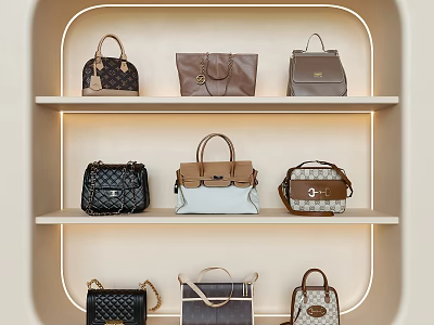 Stylish Handbags Display On Shelves With Warm Lighting And Various Designs 3d model