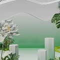 Live Stream Room With Green Gradient Background White Flower Decorative Cubes And Plants