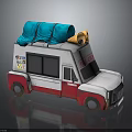 White Red Ice Cream Truck With Blue Items On Roof Yellow Horn And Stickers