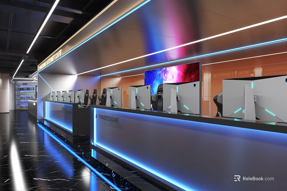 Modern Internet Cafe With Blue Lighting And Computers 3d model