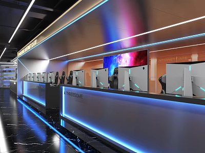 Modern Internet Cafe With Blue Lighting And Computers 3d model