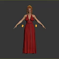Woman In Red Long Dress With Golden Headdress Holding Yellow Objects On Gray Background