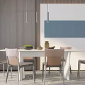 Modern Dining Table Set With Mixed Chairs Hanging Lights Wooden Wall Blue Panel Decor