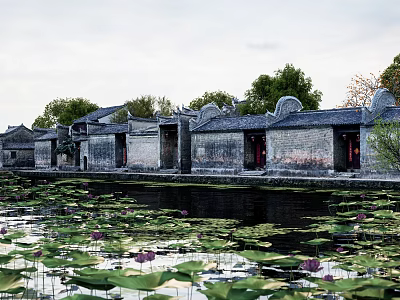 Ancient Building Complex with Traditional Grey Walls by Lotus Pond and Green Trees 3d model