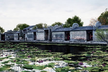 Chinese-style ancient building water town ancient town Huizhou folk house lotus pond 3d model