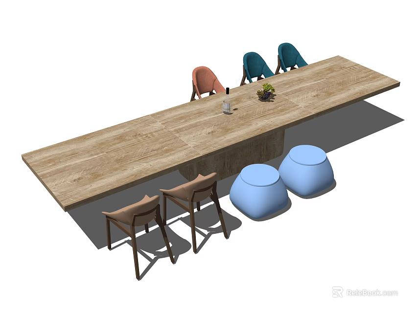 Wooden Dining Table Set With Multicolored Chairs And Blue Stools With Fruit And Cup 3d model