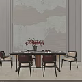 Elegant Modern Dining Table Set With Red Flower Vase And Textured Wall 3d model