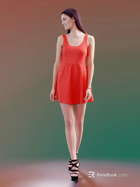 A Woman Standing in Red Sleeveless Dress against Gradient Colored Background 3d model 