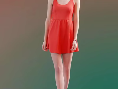 A Woman Standing in Red Sleeveless Dress against Gradient Colored Background 3d model