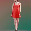 A Woman Standing in Red Sleeveless Dress against Gradient Colored Background