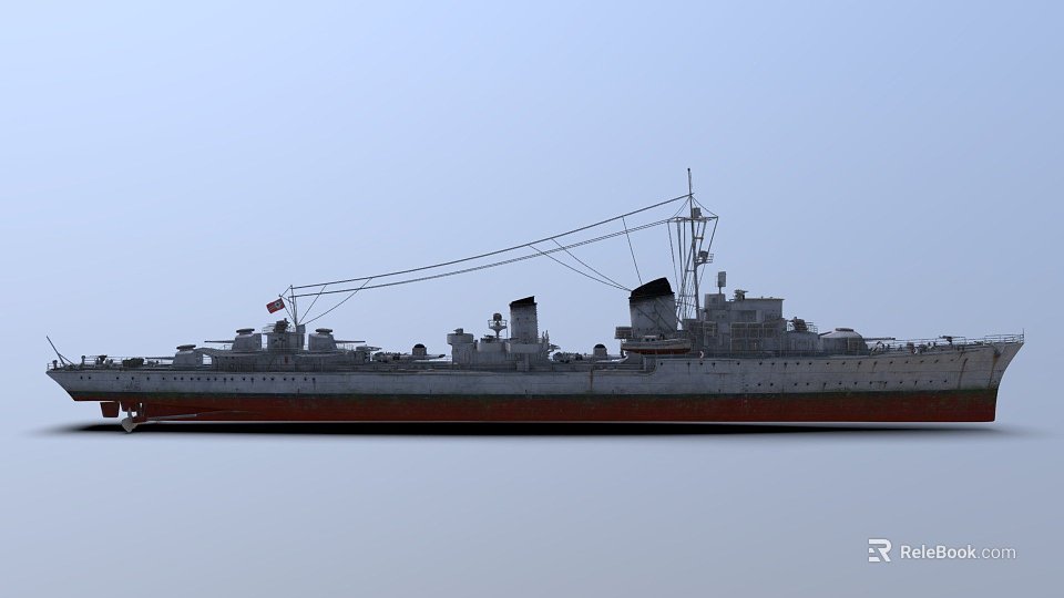 Vintage Warship With Masts Smokestacks And Red Hull Sailing On Calm Sea Under Clear Sky 3d model 