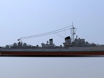 Vintage Warship With Masts Smokestacks And Red Hull Sailing On Calm Sea Under Clear Sky 3d model