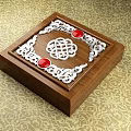 Intricate Silver Carving Art on Wooden Tray with Red Gemstones and Chinese Knot Design