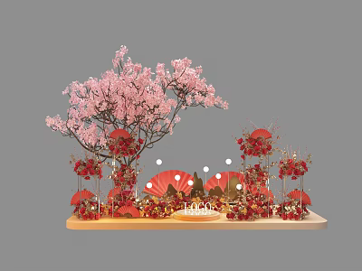 Decorative Display With Pink Cherry Blossom Tree Red Fans Umbrellas And Round Lights 3d model