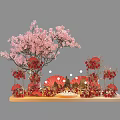 Decorative Display With Pink Cherry Blossom Tree Red Fans Umbrellas And Round Lights