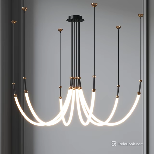 Modern LED Chandelier With Curved White Lights Gold Accents And Black Frame Design 3d model 