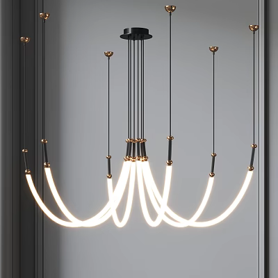 Modern LED Chandelier With Curved White Lights Gold Accents And Black Frame Design 3d model