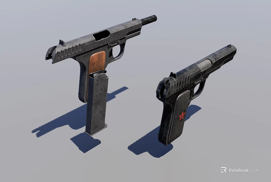 Two 3D Handgun Models With Metal Frame Wooden Grip And Red Star Mark 3d model 