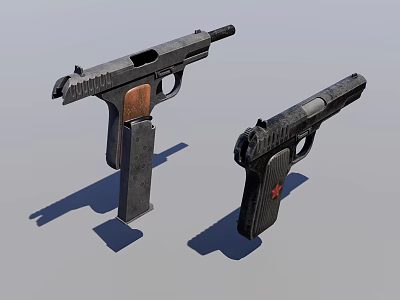 Two 3D Handgun Models With Metal Frame Wooden Grip And Red Star Mark 3d model