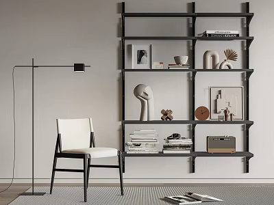Minimalist Modern Wall Mounted Bookshelf With Books Sculptures Frames And Decorative Items 3d model
