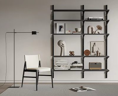 Minimalist Modern Wall Mounted Bookshelf With Books Sculptures Frames And Decorative Items 3d model