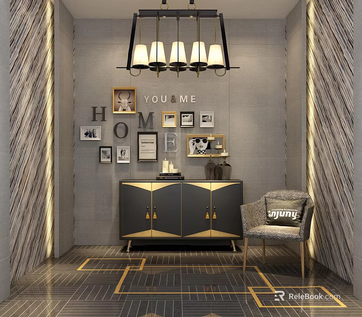 Elegant Modern Entryway Console Table With Wall Art Decor Chandelier Accent Chair And Geometric Floor 3d model 