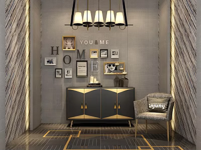 Elegant Modern Entryway Console Table With Wall Art Decor Chandelier Accent Chair And Geometric Floor 3d model