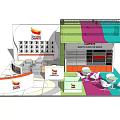 Modern Exhibition Booth Design With Colorful Curved Structures Reception Desk Display Shelves And Seating Area
