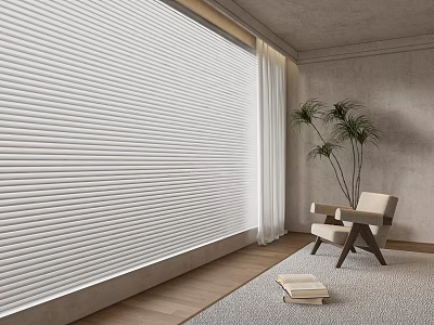 Modern Minimalist Interior With Large Window White Blinds Curtains And Potted Plant 3d model