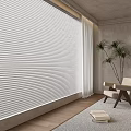 Modern Minimalist Interior With Large Window White Blinds Curtains And Potted Plant