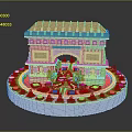Scenic Park Landscape Featuring White Arch Structure Green Roof Trim Circular Pool And Greenery