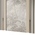Classic Background Wall Design With Arched Mural Panel And Decorative Vertical Frames 3d model
