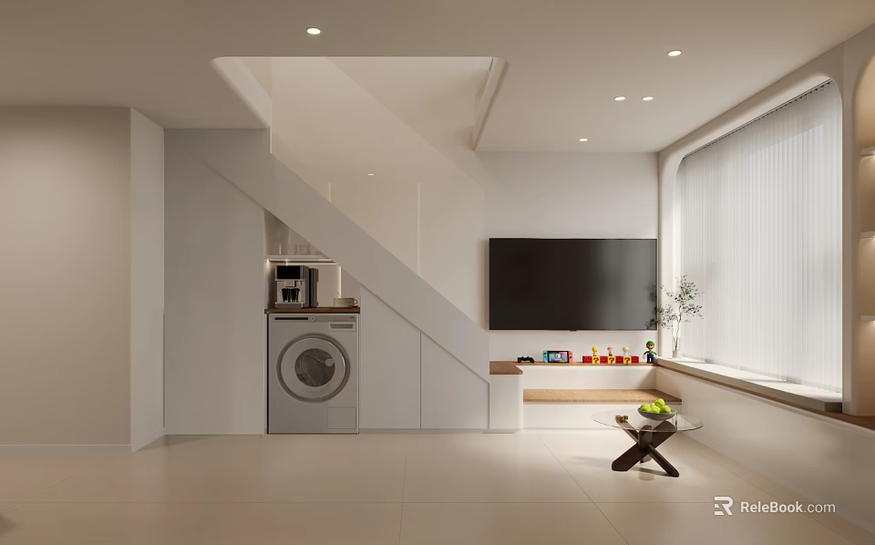Modern Apartment Interior With Washer TV Large Window And Minimalist Style 3d model 