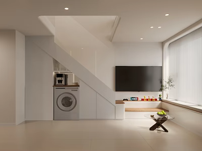 Modern Apartment Interior With Washer TV Large Window And Minimalist Style 3d model