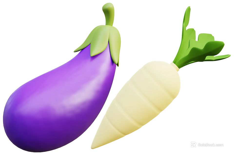 Fresh Purple Eggplant And White Radish With Green Leaves On White Background 3d model 
