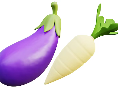 Fresh Purple Eggplant And White Radish With Green Leaves On White Background 3d model
