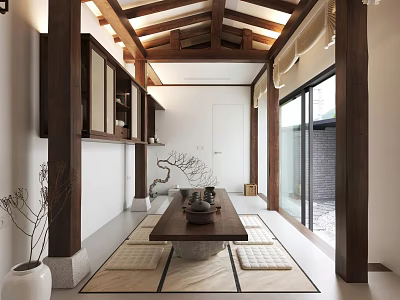 Traditional Tea Room Interior With Wooden Ceiling Beams Tatami Mats And Tea Set 3d model