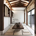 Traditional Tea Room Interior With Wooden Ceiling Beams Tatami Mats And Tea Set