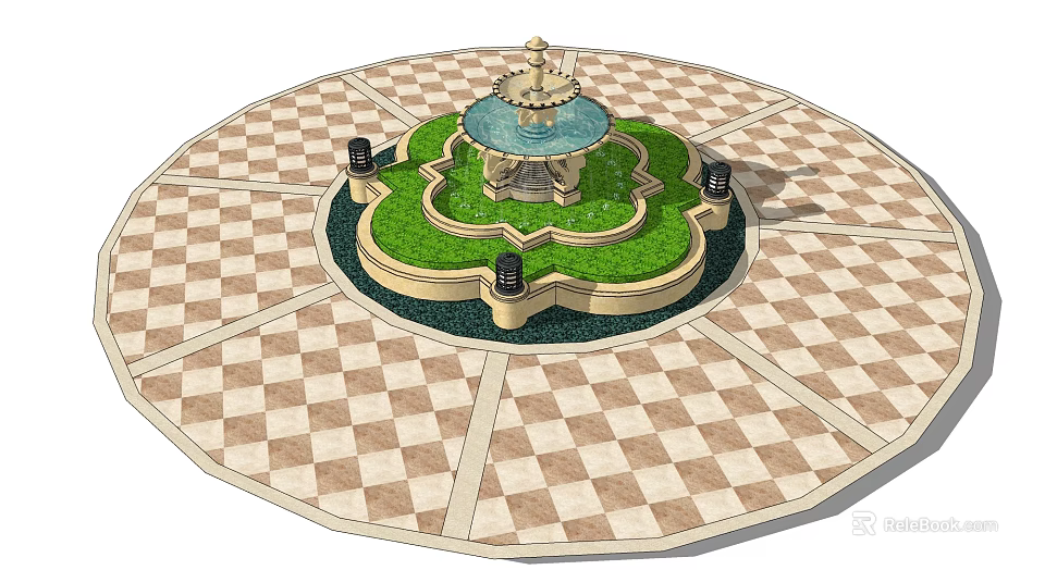 Circular Fountain With Multi tiered Structure Green Lawn Black Lamp Posts And Checkerboard Pattern Ground 3d model