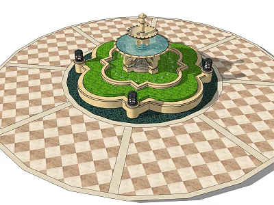 Circular Fountain With Multi tiered Structure Green Lawn Black Lamp Posts And Checkerboard Pattern Ground 3d model