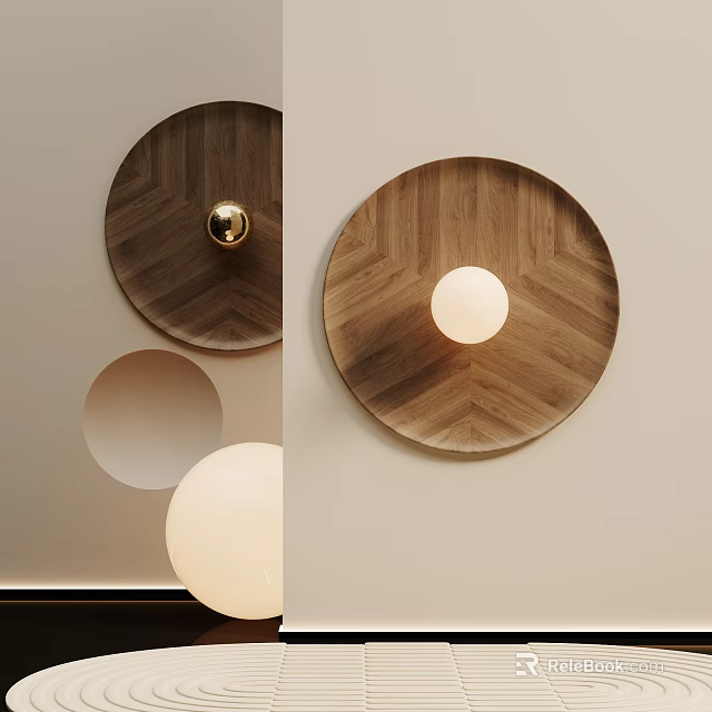 Modern Wooden Circular Wall Lamp With Herringbone Pattern And Soft Light Bulb 3d model