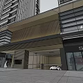 Modern Sales Office Building Featuring Glass Curtain Walls Green Plants And High Rise Residential Background